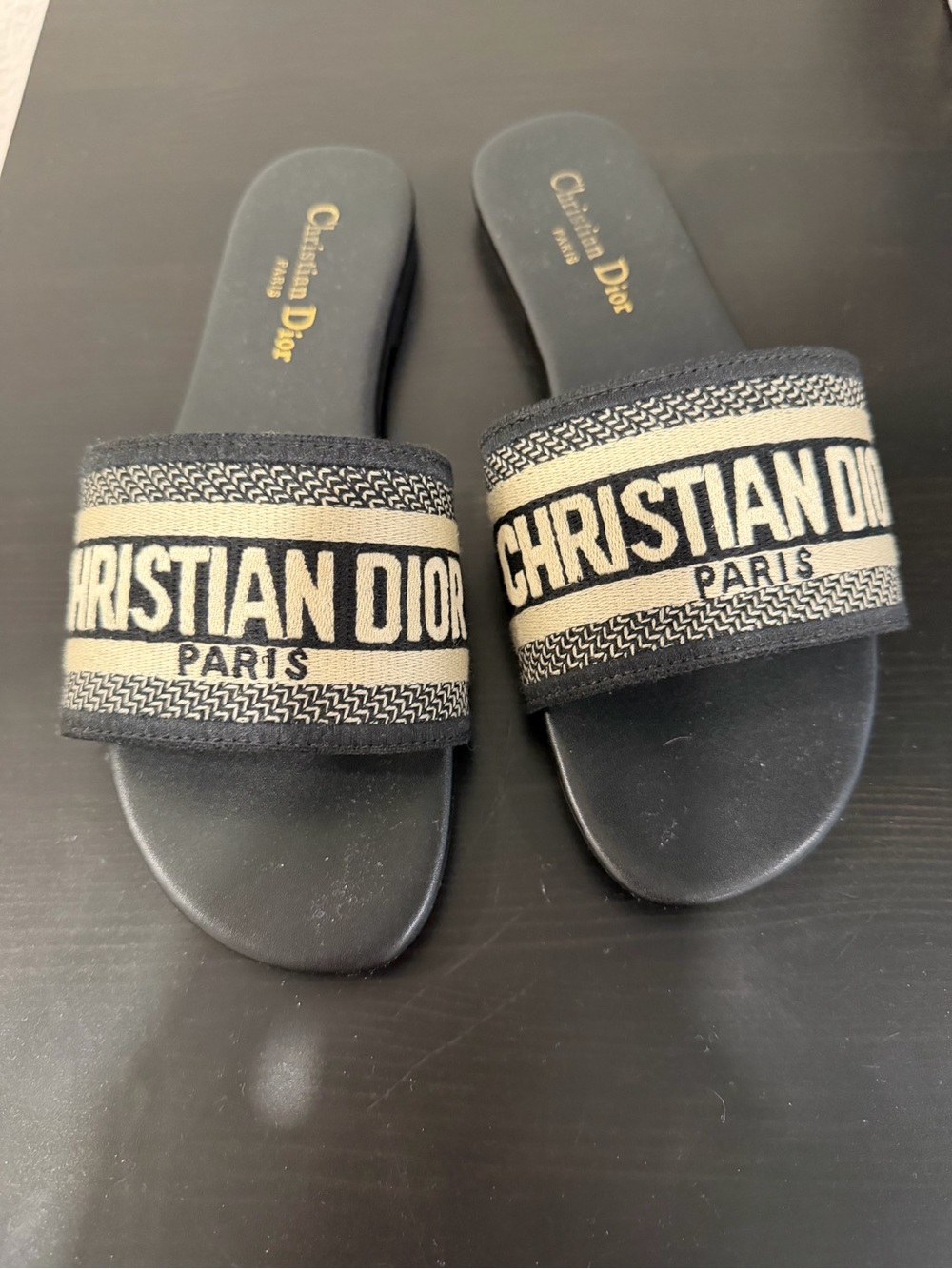 Dior Black Slide Sandals with Cream Logo Strap